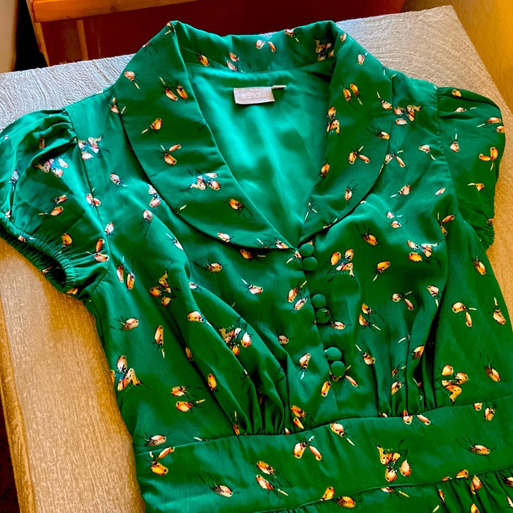 Green Shirtdress with Small Bird Print by eShakti. Size 4.